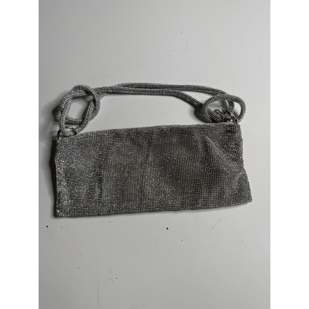 Silver Rhinestone Evening Clutch Bag With Double Chain Straps & Zipper Closure